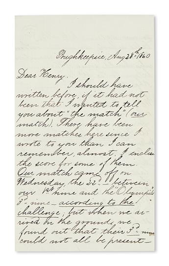 (SPORTS--BASEBALL.) Richmond, William. Letters concerning the amateur Poughkeepsie Junior Base Ball Club and the Civil War.